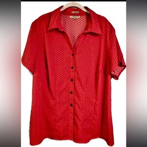 Red Polka Dot Button Down Short Sleeve Top
